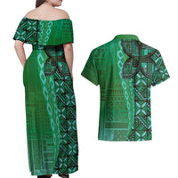 Samoan Pacific Tribal Flower Geometric Art Tattoos Couples Matching Off Shoulder Maxi Dress and Hawaiian Shirt Siapo Pattern Emerald Glow - Polynesian Pride