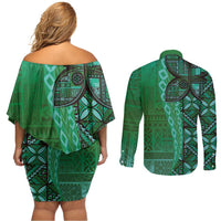 Samoan Pacific Tribal Flower Geometric Art Tattoos Couples Matching Off Shoulder Short Dress and Long Sleeve Button Shirt Siapo Pattern Emerald Glow - Polynesian Pride