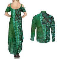 Samoan Pacific Tribal Flower Geometric Art Tattoos Couples Matching Summer Maxi Dress and Long Sleeve Button Shirt Siapo Pattern Emerald Glow - Polynesian Pride