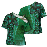 Samoan Pacific Tribal Flower Geometric Art Tattoos Cross Shoulder Shirt Siapo Pattern Emerald Glow - Polynesian Pride
