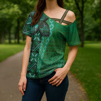 Samoan Pacific Tribal Flower Geometric Art Tattoos Cross Shoulder Shirt Siapo Pattern Emerald Glow - Polynesian Pride