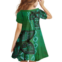 Samoan Pacific Tribal Flower Geometric Art Tattoos Family Matching Off The Shoulder Long Sleeve Dress and Hawaiian Shirt Siapo Pattern Emerald Glow - Polynesian Pride