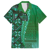 Samoan Pacific Tribal Flower Geometric Art Tattoos Family Matching Off Shoulder Maxi Dress and Hawaiian Shirt Siapo Pattern Emerald Glow - Polynesian Pride