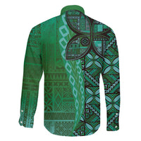 Samoan Pacific Tribal Flower Geometric Art Tattoos Family Matching Off Shoulder Short Dress and Hawaiian Shirt Siapo Pattern Emerald Glow - Polynesian Pride
