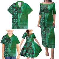 Samoan Pacific Tribal Flower Geometric Art Tattoos Family Matching Puletasi and Hawaiian Shirt Siapo Pattern Emerald Glow - Polynesian Pride