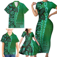 Samoan Pacific Tribal Flower Geometric Art Tattoos Family Matching Short Sleeve Bodycon Dress and Hawaiian Shirt Siapo Pattern Emerald Glow - Polynesian Pride