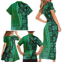 Samoan Pacific Tribal Flower Geometric Art Tattoos Family Matching Short Sleeve Bodycon Dress and Hawaiian Shirt Siapo Pattern Emerald Glow - Polynesian Pride