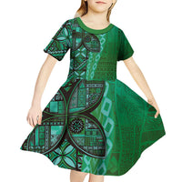 Samoan Pacific Tribal Flower Geometric Art Tattoos Kid Short Sleeve Dress Siapo Pattern Emerald Glow LT03 - Polynesian Pride