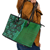 Samoan Pacific Tribal Flower Geometric Art Tattoos Leather Tote Bag Siapo Pattern Emerald Glow - Polynesian Pride