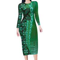 Samoan Pacific Tribal Flower Geometric Art Tattoos Long Sleeve Bodycon Dress Siapo Pattern Emerald Glow LT03 Long Dress Green - Polynesian Pride