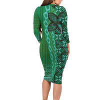 Samoan Pacific Tribal Flower Geometric Art Tattoos Long Sleeve Bodycon Dress Siapo Pattern Emerald Glow LT03 - Polynesian Pride