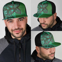 Samoan Pacific Tribal Flower Geometric Art Tattoos Mesh Trucker Cap Siapo Pattern Emerald Glow - Polynesian Pride