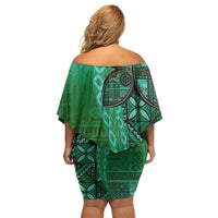 Samoan Pacific Tribal Flower Geometric Art Tattoos Off Shoulder Short Dress Siapo Pattern Emerald Glow - Polynesian Pride
