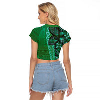 Samoan Pacific Tribal Flower Geometric Art Tattoos Raglan Cropped T Shirt Siapo Pattern Emerald Glow - Polynesian Pride