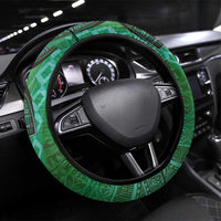 Samoan Pacific Tribal Flower Geometric Art Tattoos Steering Wheel Cover Siapo Pattern Emerald Glow - Polynesian Pride