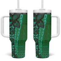 Samoan Pacific Tribal Flower Geometric Art Tattoos Tumbler With Handle Siapo Pattern Emerald Glow - Polynesian Pride