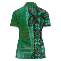 Samoan Pacific Tribal Flower Geometric Art Tattoos Women Polo Shirt Siapo Pattern Emerald Glow - Polynesian Pride