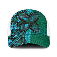 Samoan Pacific Tribal Flower Geometric Art Tattoos Baseball Net Cap Siapo Pattern Turquoise Tide LT03 One Size White Turquoise - Polynesian Pride