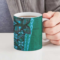 Samoan Pacific Tribal Flower Geometric Art Tattoos Ceramic Mug Siapo Pattern Turquoise Tide - Polynesian Pride