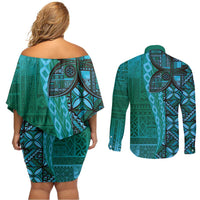 Samoan Pacific Tribal Flower Geometric Art Tattoos Couples Matching Off Shoulder Short Dress and Long Sleeve Button Shirt Siapo Pattern Turquoise Tide - Polynesian Pride