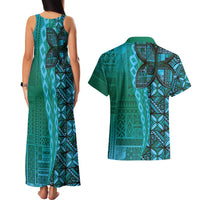 Samoan Pacific Tribal Flower Geometric Art Tattoos Couples Matching Tank Maxi Dress and Hawaiian Shirt Siapo Pattern Turquoise Tide - Polynesian Pride