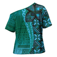 Samoan Pacific Tribal Flower Geometric Art Tattoos Cross Shoulder Shirt Siapo Pattern Turquoise Tide - Polynesian Pride