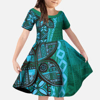Samoan Pacific Tribal Flower Geometric Art Tattoos Family Matching Off The Shoulder Long Sleeve Dress and Hawaiian Shirt Siapo Pattern Turquoise Tide - Polynesian Pride