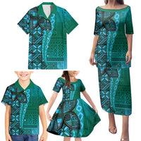Samoan Pacific Tribal Flower Geometric Art Tattoos Family Matching Puletasi and Hawaiian Shirt Siapo Pattern Turquoise Tide - Polynesian Pride