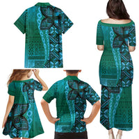 Samoan Pacific Tribal Flower Geometric Art Tattoos Family Matching Puletasi and Hawaiian Shirt Siapo Pattern Turquoise Tide - Polynesian Pride