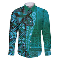 Samoan Pacific Tribal Flower Geometric Art Tattoos Family Matching Puletasi and Hawaiian Shirt Siapo Pattern Turquoise Tide - Polynesian Pride