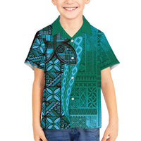 Samoan Pacific Tribal Flower Geometric Art Tattoos Family Matching Puletasi and Hawaiian Shirt Siapo Pattern Turquoise Tide - Polynesian Pride