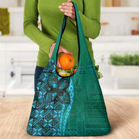 Samoan Pacific Tribal Flower Geometric Art Tattoos Grocery Bag Siapo Pattern Turquoise Tide - Polynesian Pride