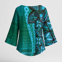 Samoan Pacific Tribal Flower Geometric Art Tattoos Kimono Sleeve Blouse Siapo Pattern Turquoise Tide - Polynesian Pride