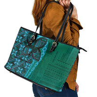 Samoan Pacific Tribal Flower Geometric Art Tattoos Leather Tote Bag Siapo Pattern Turquoise Tide - Polynesian Pride