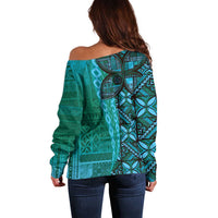 Samoan Pacific Tribal Flower Geometric Art Tattoos Off Shoulder Sweater Siapo Pattern Turquoise Tide - Polynesian Pride