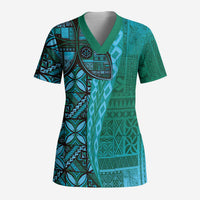 Samoan Pacific Tribal Flower Geometric Art Tattoos Scrub Top Siapo Pattern Turquoise Tide - Polynesian Pride