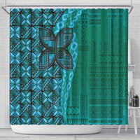 Samoan Pacific Tribal Flower Geometric Art Tattoos Shower Curtain Siapo Pattern Turquoise Tide - Polynesian Pride