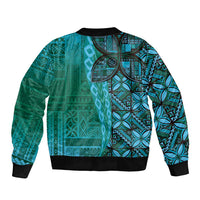 Samoan Pacific Tribal Flower Geometric Art Tattoos Sleeve Zip Bomber Jacket Siapo Pattern Turquoise Tide - Polynesian Pride