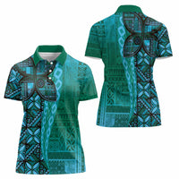 Samoan Pacific Tribal Flower Geometric Art Tattoos Women Polo Shirt Siapo Pattern Turquoise Tide - Polynesian Pride