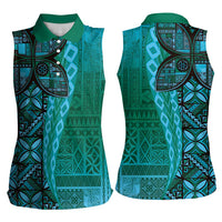 Samoan Pacific Tribal Flower Geometric Art Tattoos Women Sleeveless Polo Shirt Siapo Pattern Turquoise Tide LT03 - Polynesian Pride