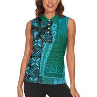 Samoan Pacific Tribal Flower Geometric Art Tattoos Women Sleeveless Polo Shirt Siapo Pattern Turquoise Tide LT03 - Polynesian Pride