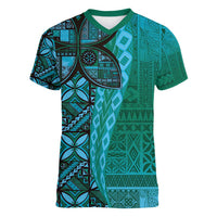Samoan Pacific Tribal Flower Geometric Art Tattoos Women V-Neck T-Shirt Siapo Pattern Turquoise Tide - Polynesian Pride