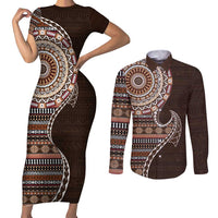 Fijian Masi Tribal Tattoos Art Pattern Couples Matching Short Sleeve Bodycon Dress and Long Sleeve Button Shirt Brown Color Half Style LT03 Brown - Polynesian Pride