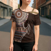 Fijian Masi Tribal Tattoos Art Pattern Cross Shoulder Shirt Brown Color Half Style LT03 - Polynesian Pride
