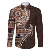 Fijian Masi Tribal Tattoos Art Pattern Family Matching Off The Shoulder Long Sleeve Dress and Hawaiian Shirt Brown Color Half Style - Polynesian Pride
