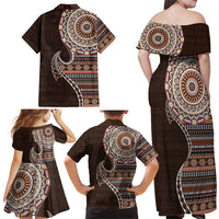 Fijian Masi Tribal Tattoos Art Pattern Family Matching Off Shoulder Maxi Dress and Hawaiian Shirt Brown Color Half Style - Polynesian Pride