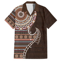 Fijian Masi Tribal Tattoos Art Pattern Family Matching Off Shoulder Maxi Dress and Hawaiian Shirt Brown Color Half Style - Polynesian Pride