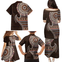 Fijian Masi Tribal Tattoos Art Pattern Family Matching Puletasi and Hawaiian Shirt Brown Color Half Style - Polynesian Pride