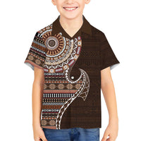 Fijian Masi Tribal Tattoos Art Pattern Family Matching Short Sleeve Bodycon Dress and Hawaiian Shirt Brown Color Half Style - Polynesian Pride