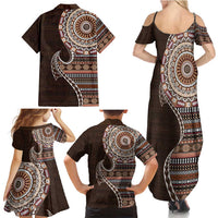 Fijian Masi Tribal Tattoos Art Pattern Family Matching Summer Maxi Dress and Hawaiian Shirt Brown Color Half Style - Polynesian Pride